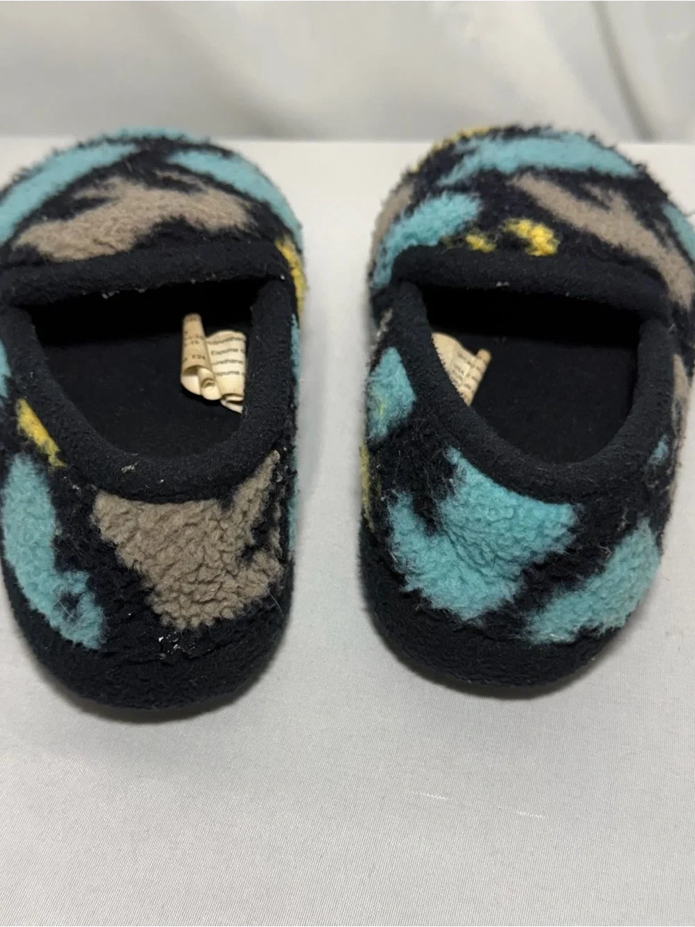 Cozy Fuzzy Slip-On Slippers in Black, Teal & Yellow